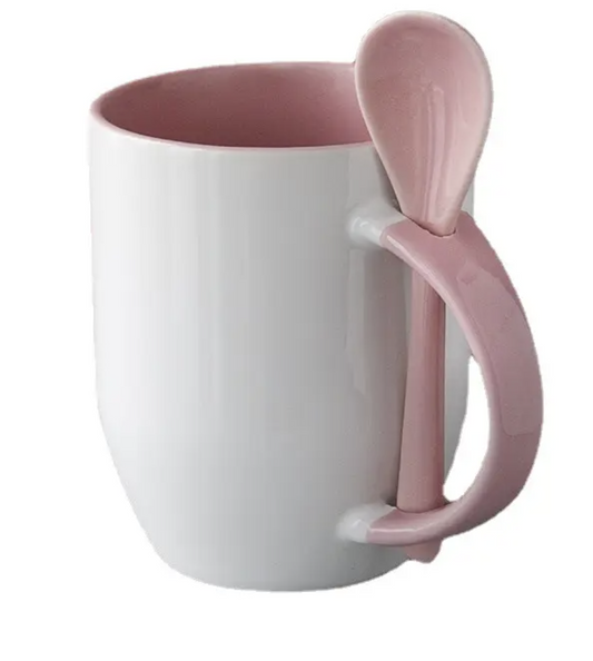 Tazón sublimable de 12oz con cuchara interior y asa de color Rosado. Perfecto para personalización y regalos únicos. Ideal para sublimación y estampado de alta calidad. (copia)