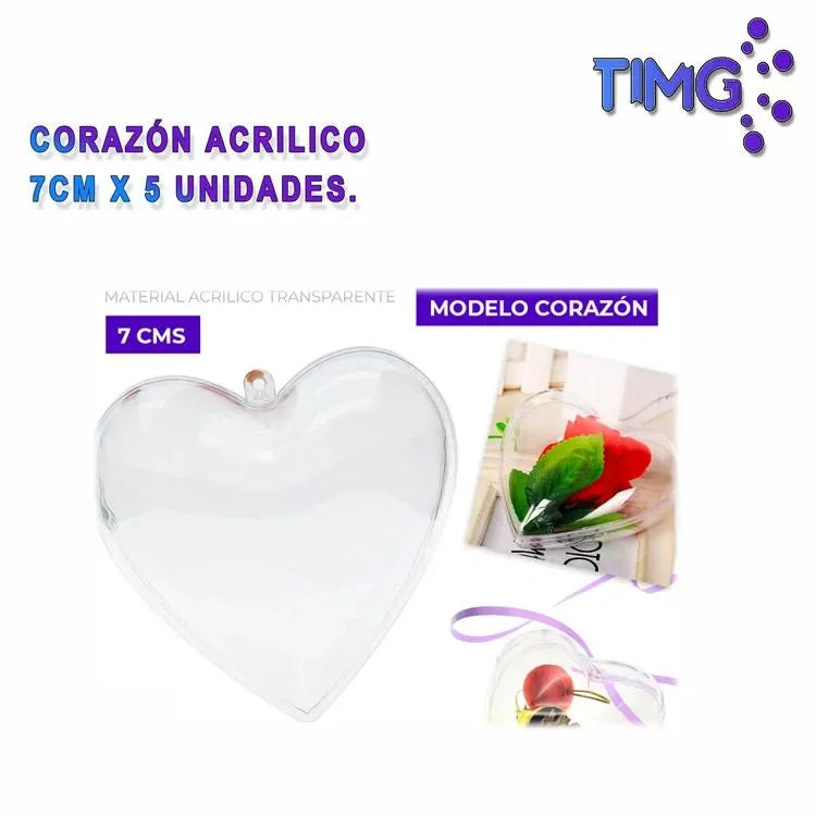 Corazon acrilico 7cm x 5 unidades.