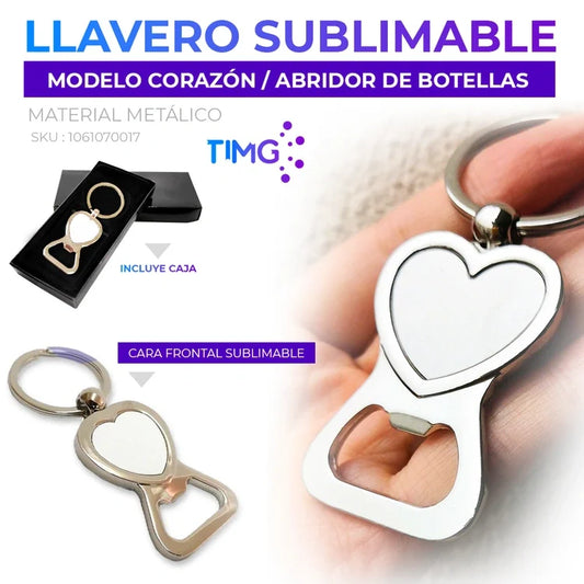 Llavero metálico sublimable modelo corazón abridor de botellas