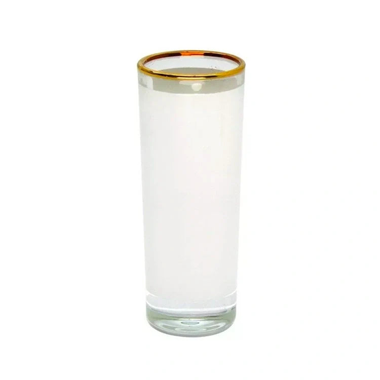 Vaso de tequila largo sublimable borde dorado 3oz vidrio