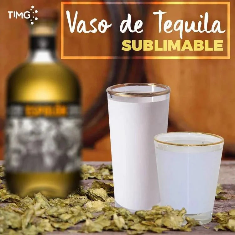 Vaso de tequila largo sublimable borde dorado 3oz vidrio
